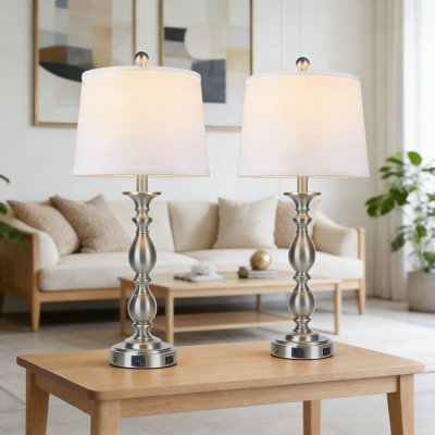 Modern Table Lamp With USB A+C Ports And AC Outlet, 3-Way Touch Dimmable Bedside Lamp With LED Bulbs, Farmhouse Nightstand Lamp For Bedroom And Living Room