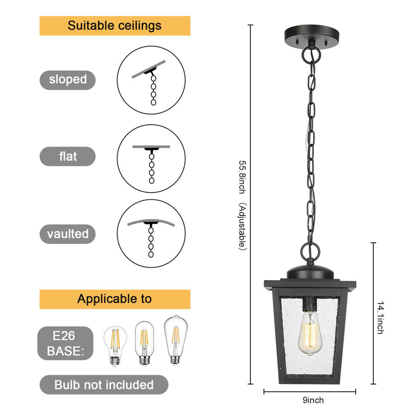 Outdoor Pendant Light For Porch, Exterior Hanging Lantern Outdoor Chandelier In Black Finish With Seeded Glass For Entryway,doorway,farmhouse,foyer