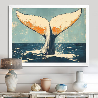 Whale Tail on the Open Sea I - Linocut Picture Framed Wall Art