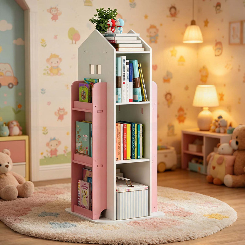 Bibliothèque rotative à 4 niveaux, tablette de présentation à 360 °, durable et sécuritaire pour les chambres d'enfants, assemblage facile, rangement à compartiments multiples