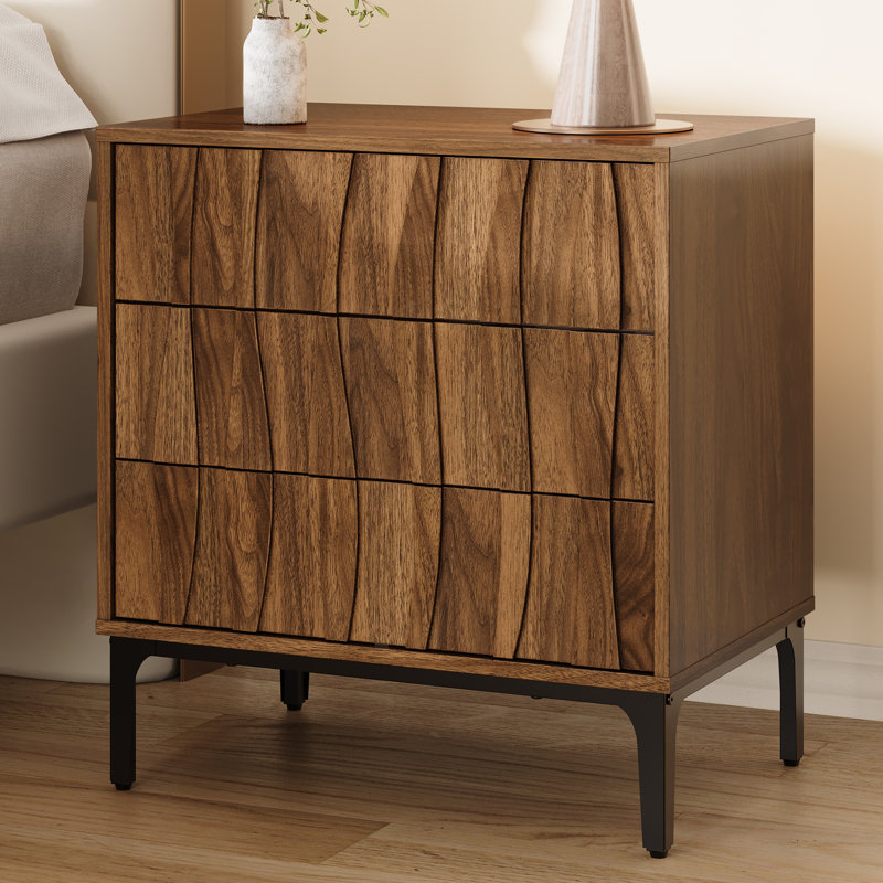 Mid-Century Modern Nightstand with 3 Drawers, Brown, Individual