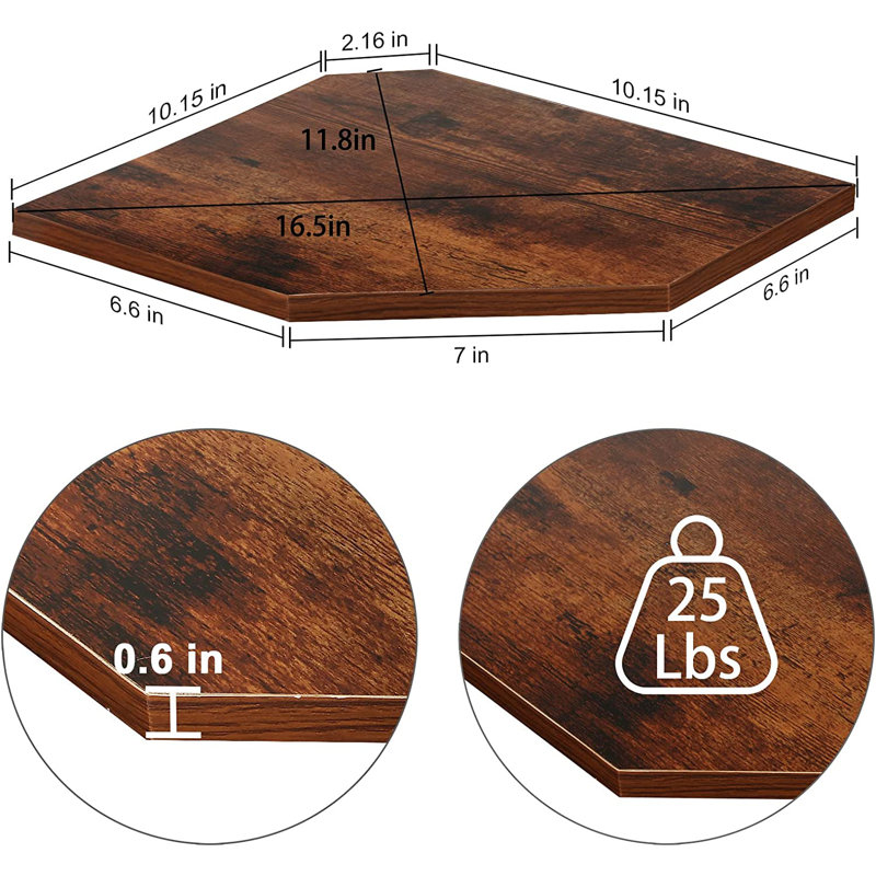 Tablette d'angle 3 pièces Hecket, H 0,59 po x l 10,23 po x P 10,23 po, Brun brûlé