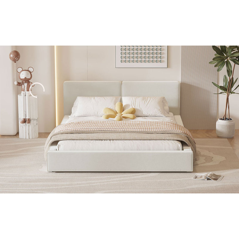 Grand lit plateforme tapissier avec tissu en velours, lit au sol avec cadre uni, beige, Beige