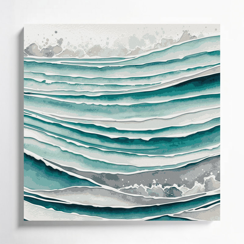 Toile horizontale rayée turquoise, gris clair et vert, H 32 po x l 32 po