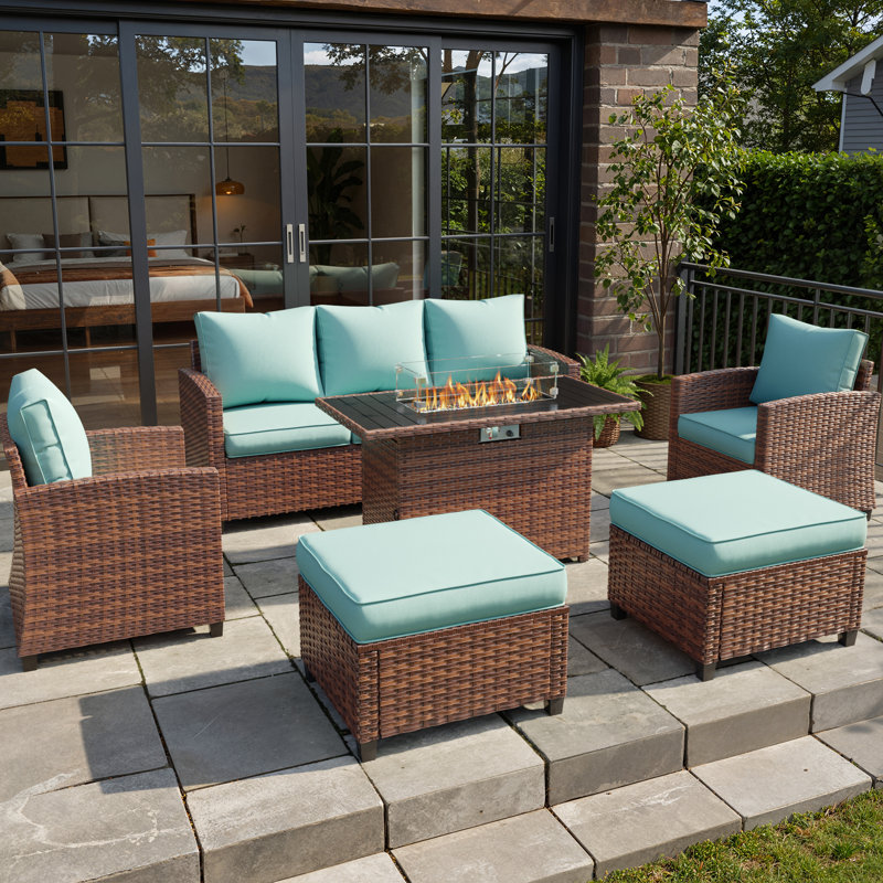 5-Piese Outdoor Conversation Sets With Fire Pit Table, 6 Pcs: Firepit Table, Sofa, 2 Chairs, 2 Ottomans, Light Blue, Brown