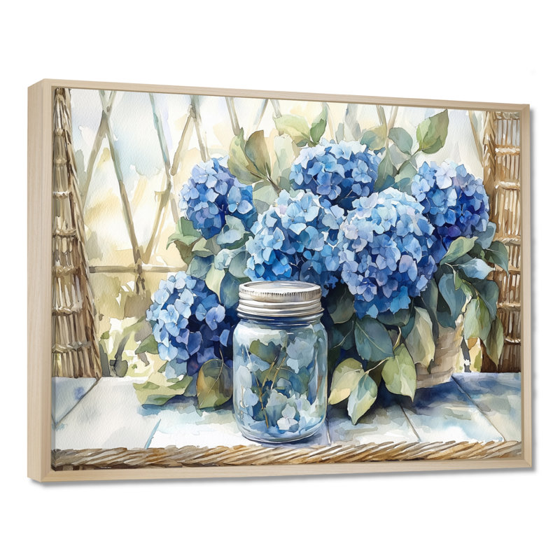 Doris hortensias et eucalyptus II - hydrangées, art mural, H 30 po x l 40 po, Brun, Floater Framed