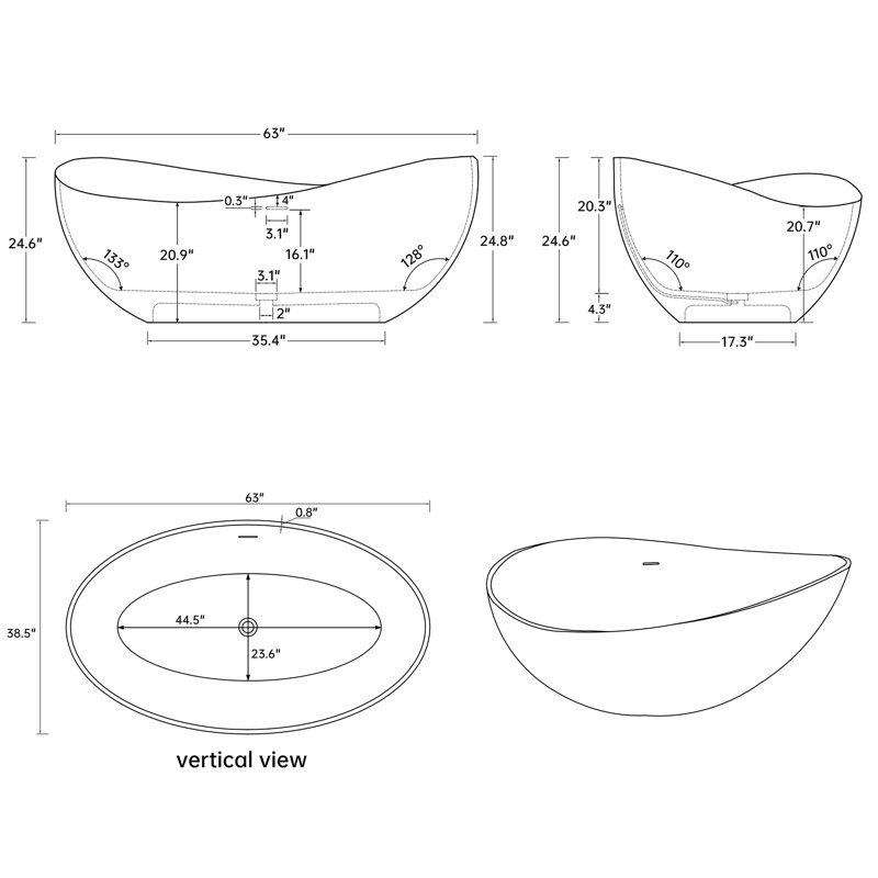 63''Wavy Solid Surface Bathtub, Freestanding Soaking Bathtub, White