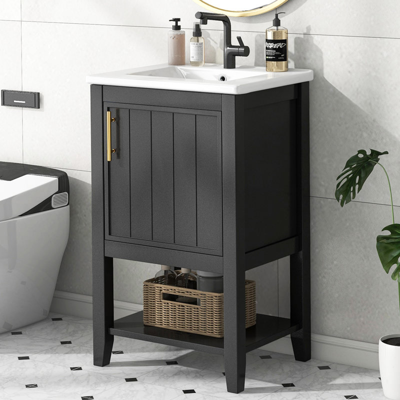  Meuble-lavabo simple 20 po avec plateau en céramique Basey, Noir, noir, noir, noir