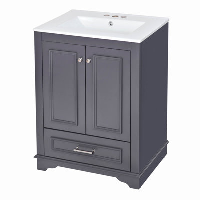 Ensemble de meuble-lavabo 24 po avec lavabo en céramique, armoire de rangement autoportante moderne avec poignées argentées, portes à fermeture douce
