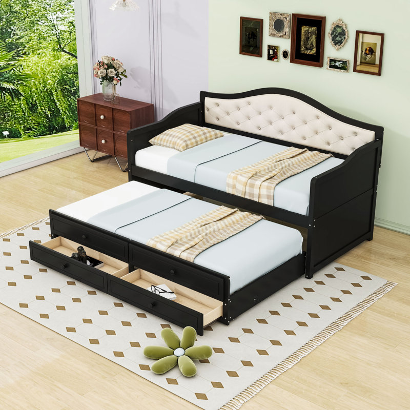 Twin Daybed with Twin Trundle and Storage Drawers, Black