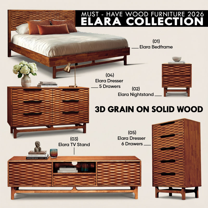 Commode à 6 tiroirs Elara, commode horizontale moderne Mid-Century avec texture ondulée, noyer, Noyer