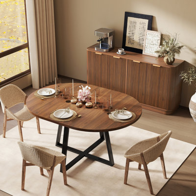 Eads Oval Wood Dining Table Set with Sideboard, Extendable Round Table & Fluted Buffet Cabinet for Living Room