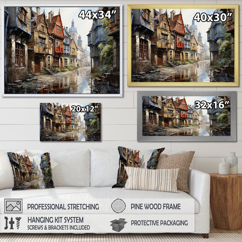 «Danemark Old Town Alley I», reproduction sur toile, H 34 po x l 44 po x P 1,5 po, Cadre flottant doré