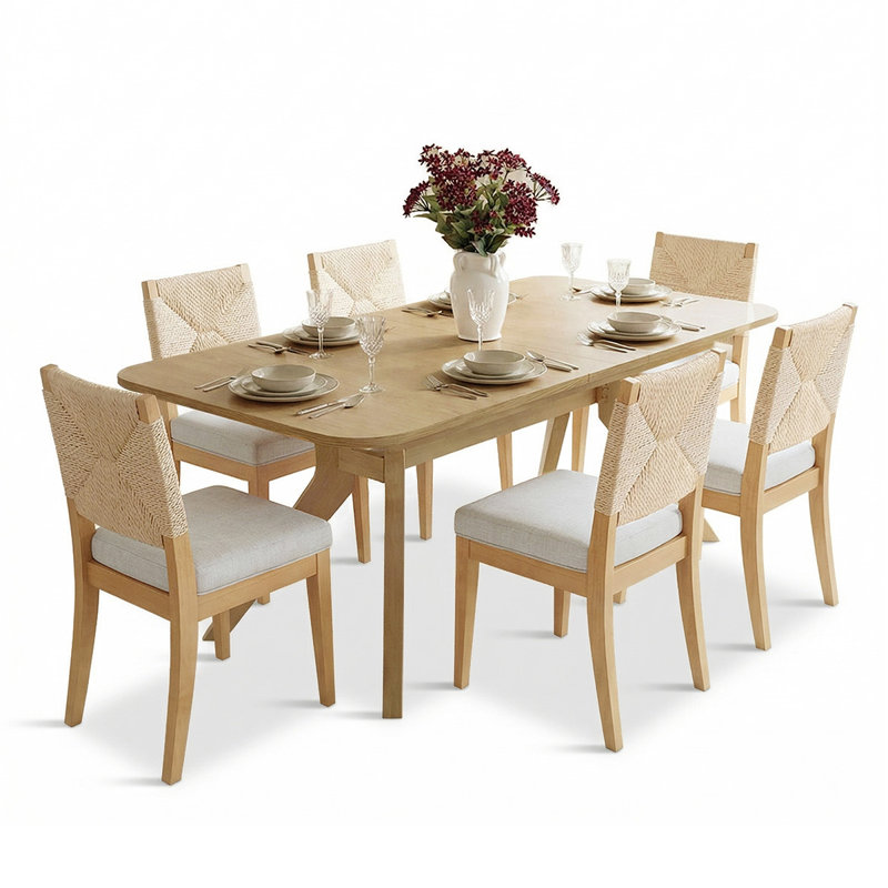 7-Piece Coastal Oak Extendable Dining Set With Woven Rope Chairs