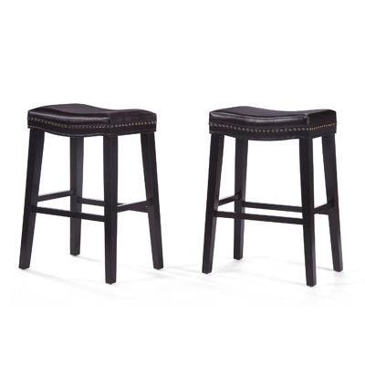 Emett Saddle Barstool Set Of 2, Studded, Brown Faux Leather And Wood