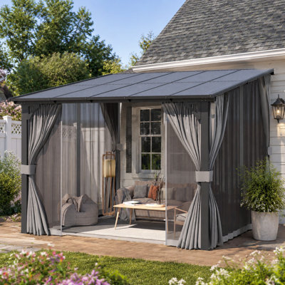 Wall Mounted Hardtop Patio Gazebo with Curtains and Mosquito Netting