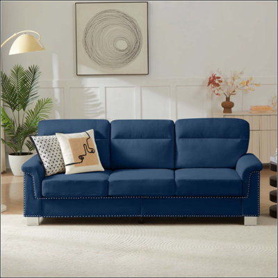 Canapé moderne 84,2 po à 3 places avec revêtement en molleton, coussins à haute densité et garniture cloutée