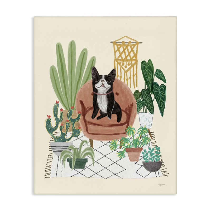 "Chien sur canapé avec plantes", art mural par Mary Urban, H 48 po x l 36 po