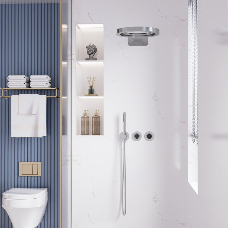 Système de douche mural à 3 fonctions avec pomme de douche de plafond ronde à effet pluie et cascade, douchette à fonction unique, ensemble de robinet de douche dissimulé en laiton massif