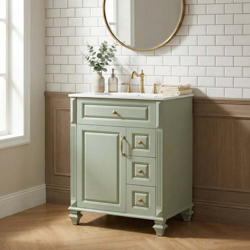 Meuble-lavabo autoportant vert 24 po avec lavabo en céramique, tiroir escamotable et 3 tiroirs, fabriqué en bois massif et en panneau de fibres à densité moyenne