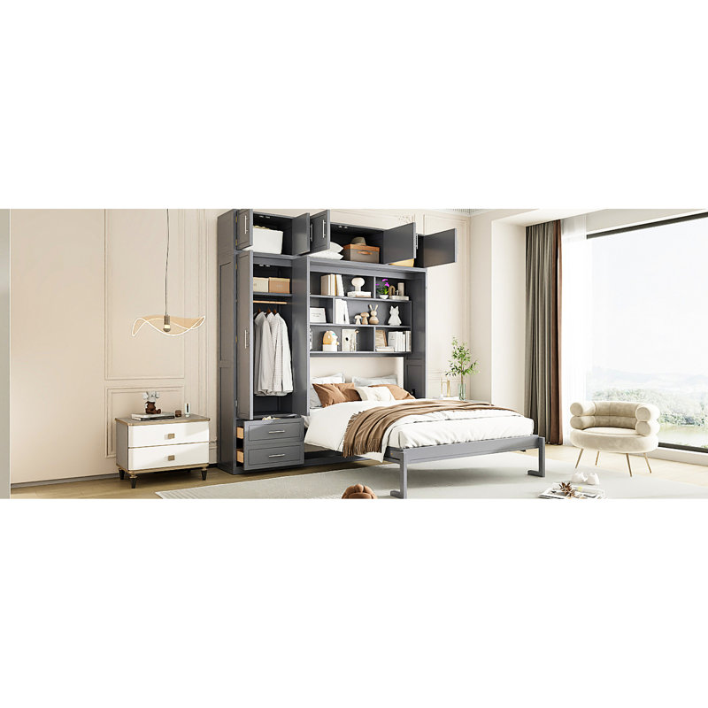 Grand lit gris avec tiroirs de rangement, tablette supérieure et garde-robe latérale pour les salles multifonctionnelles