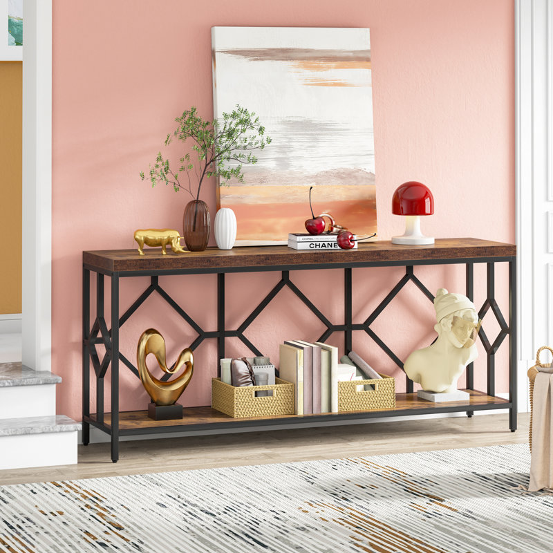 Très longue table d'appoint 70,86 po, console 2 niveaux, Brun rustique / noir