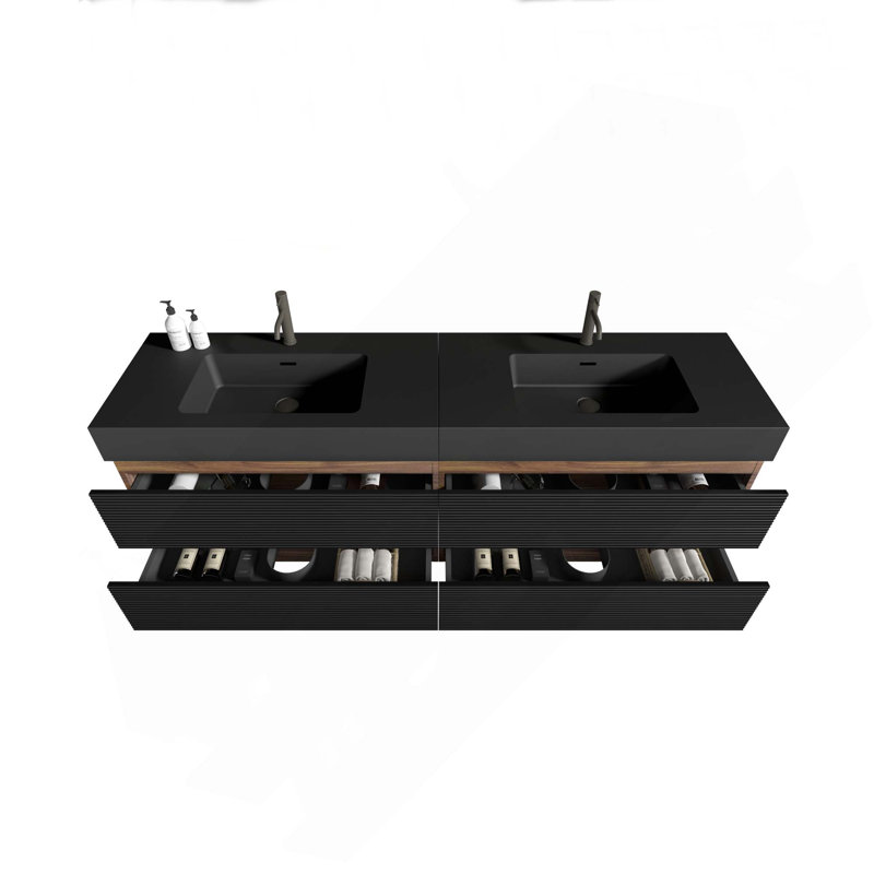 Meuble-lavabo mural 72 po (36 po * 2) avec lavabo à quartz et tiroirs, KD, Noir / brun, 72", Noir