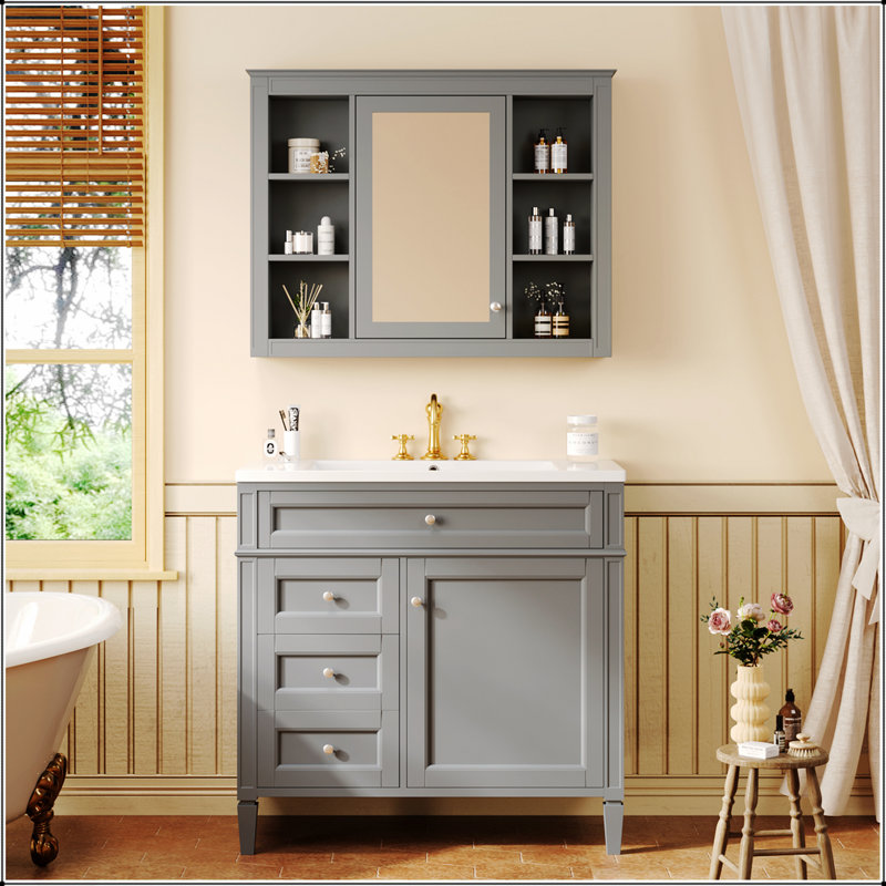 Meuble-lavabo moderne de 36 pouces avec armoire à pharmacie, portes à fermeture douce et 4 tiroirs pour un rangement efficace