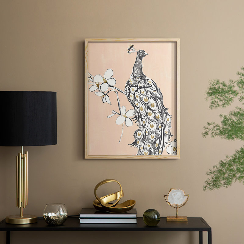 «Peacock in Gold I», reproduction encadrée - bois massif, H 21 po x l 17 po