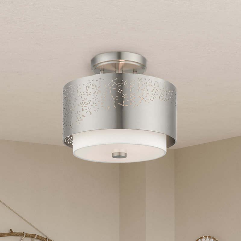 Plafonnier semi-encastré cylindrique à 2 lumières Bevil, Nickel brossé