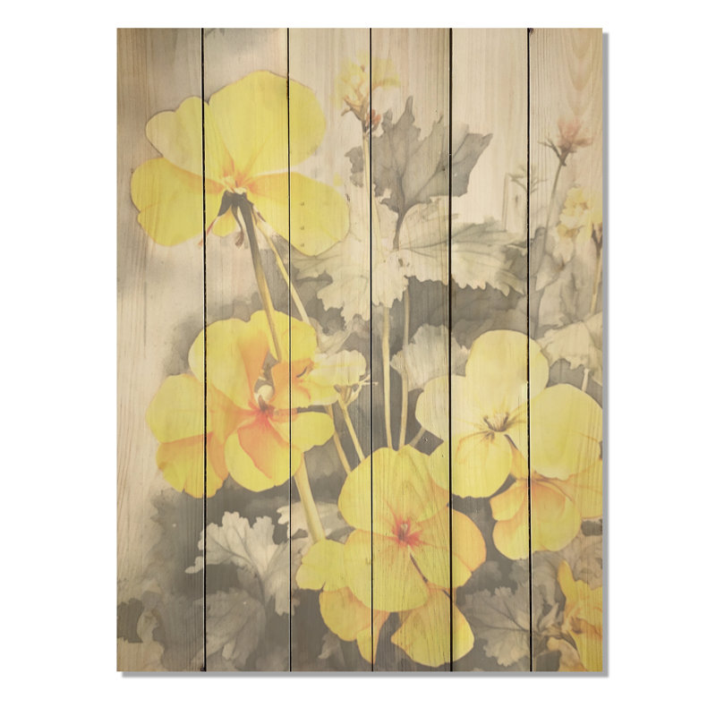 Bouquet de géraniums jaunes et gris - Art mural en bois de géraniums sur bois de pin naturel, H 40 po x l 30 po