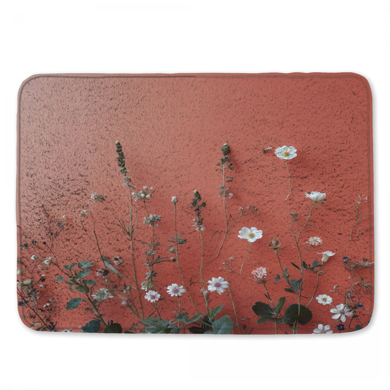 Tapis de bain fleurs sauvages sur fond corail, 34in W x 21in L