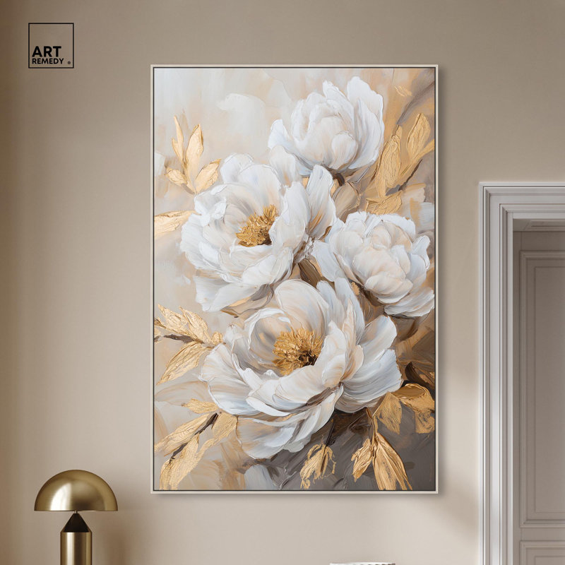 Art Remedy, art floral élégant sur toile, Blooming in the Golden Mist, H 55 po x l 37 po, Encadrement argenté