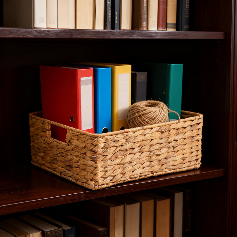 YAHUAN Handwoven Water Hyacinth Storage Basket, Natural Fiber Rectangular Organizer With Handles For Home And Office Decor