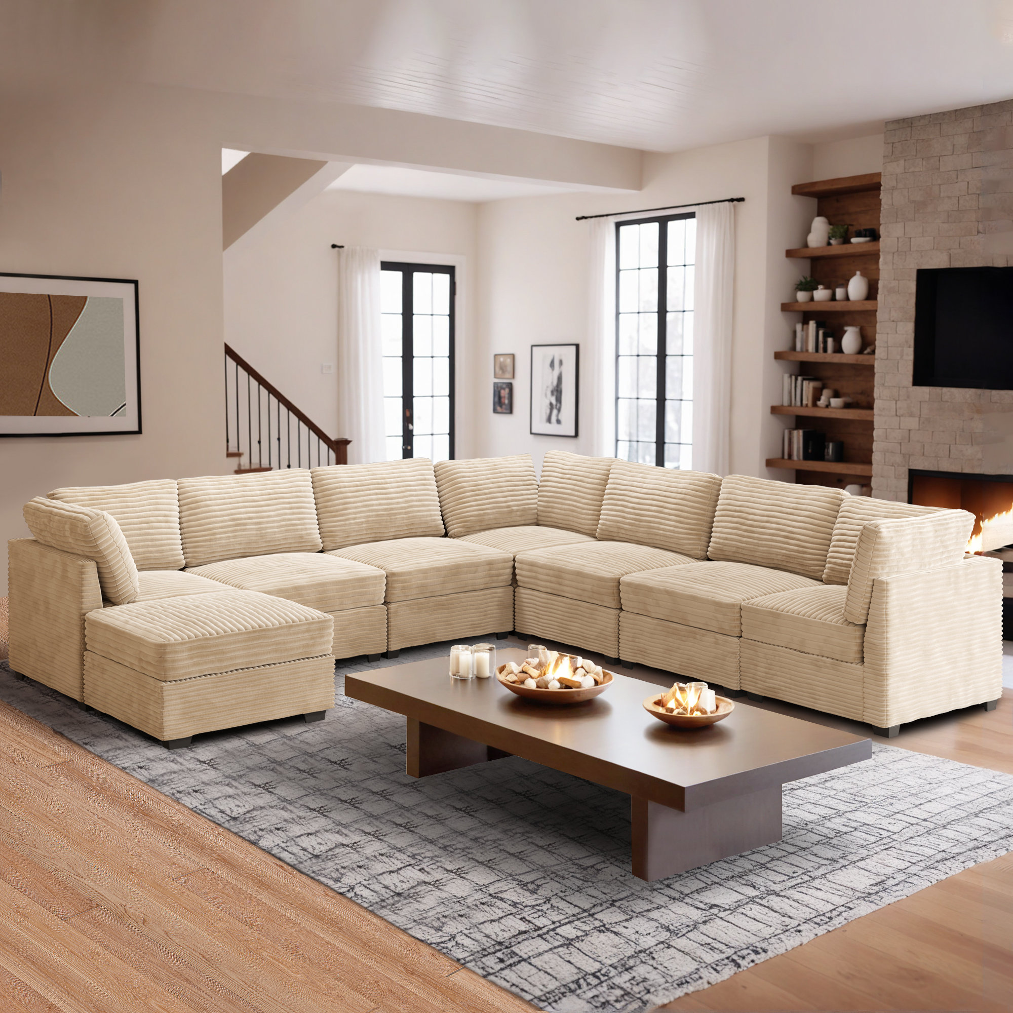 Modular Sofa Set Deep L Shaped Sofa Modular L-Shaped Corduroy Sofa