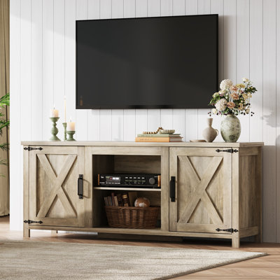 Meuble télé Modern Farmhouse pour téléviseur de 65 po ou moins, centre de divertissement avec portes de grange en forme de X, grande console multimédia avec tablettes réglables et trous de câbles pour le salon