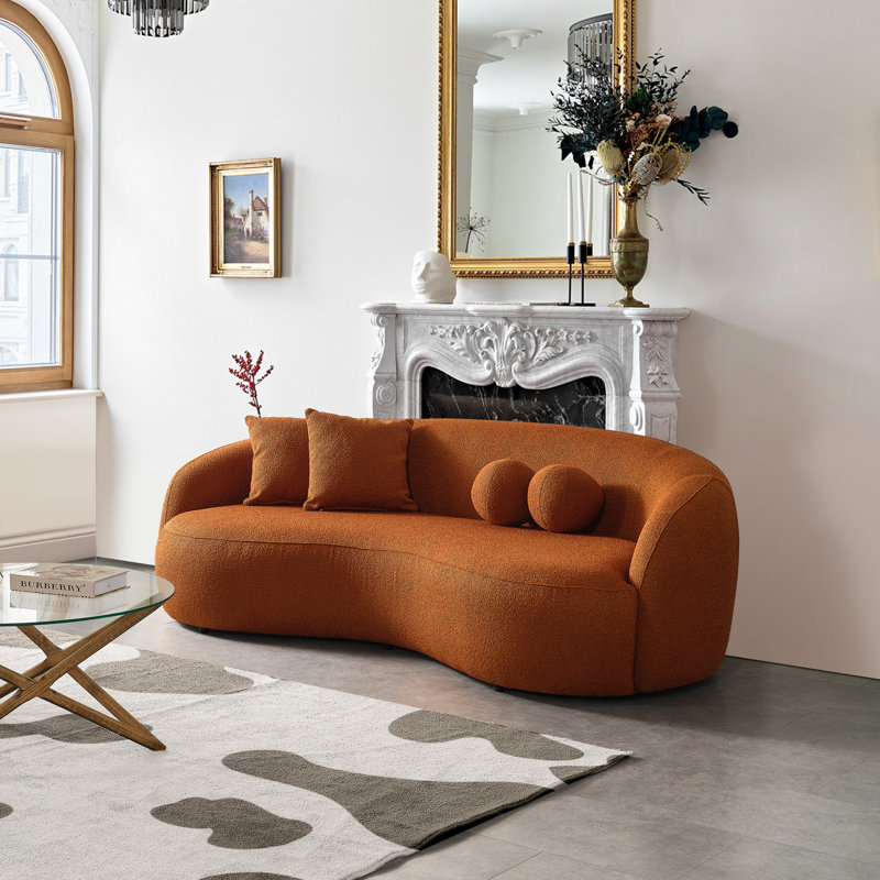 Kathrina 91'' French Bouclé Curved Sofa, Orange Boucle Linen Blend