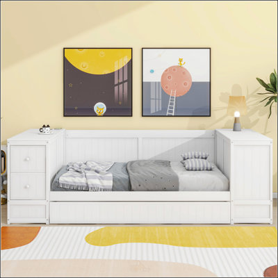 Lit de jour simple avec bras de rangement, lit gigogne et station de charge, parfait pour les espaces de vie modernes et fonctionnels.