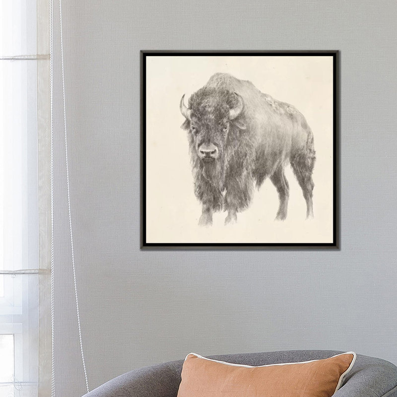 "Western bison study" par Ethan Harper, reproduction d’art, H 26 po x l 26 po x P 1,5 po, Toile avec cadre gris foncé