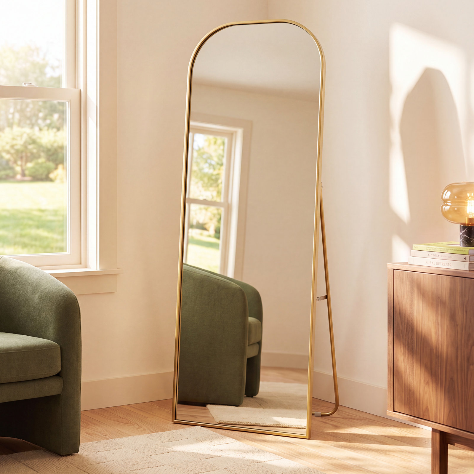 Sabine Metal Arch Floor Mirror, 74" x 28", Brass