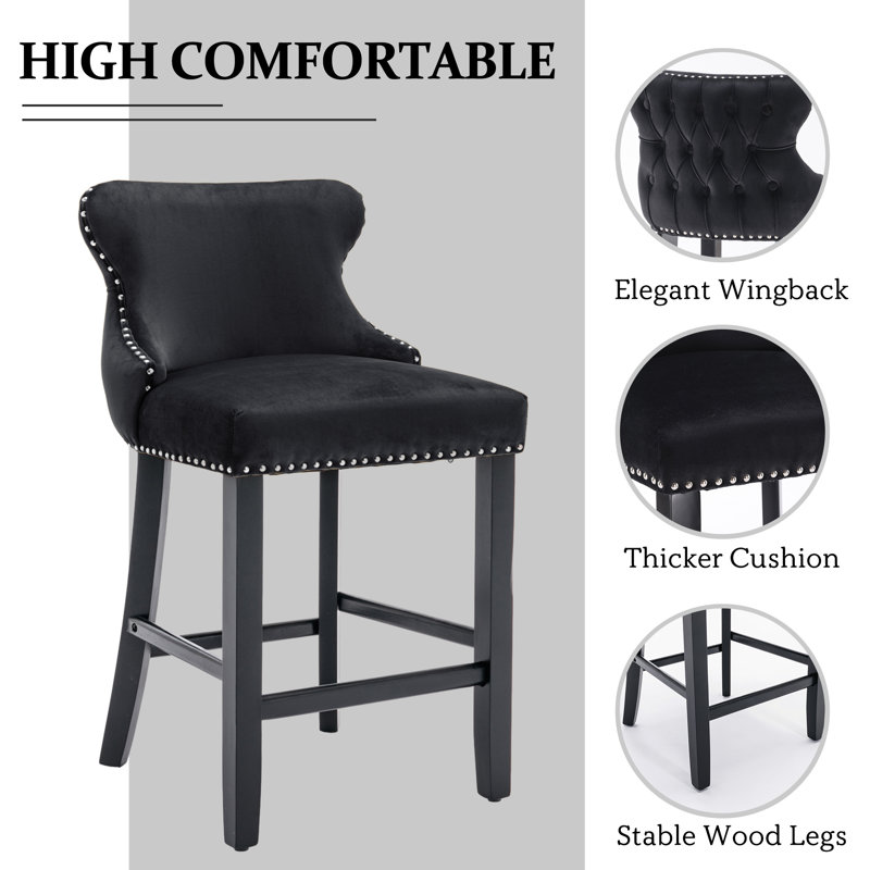Alaster Upholstered Counter Stool with Solid Wood Frame, Black