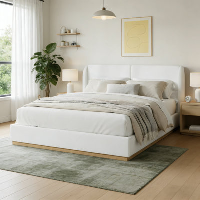 Modern Boucle Wingback Bed Queen Upholstered Platform Bed with Base