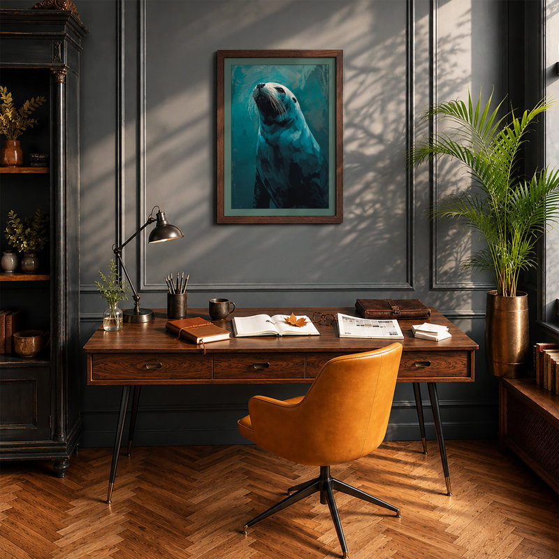 Seal In Teal Waters Coastal - Print, Walnut, A4 - 29.7 x 21.0 cm