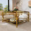 Table basse carrée en verre de 33,5 po, cadre géométrique luxueux, finition dorée et tablette inférieure
