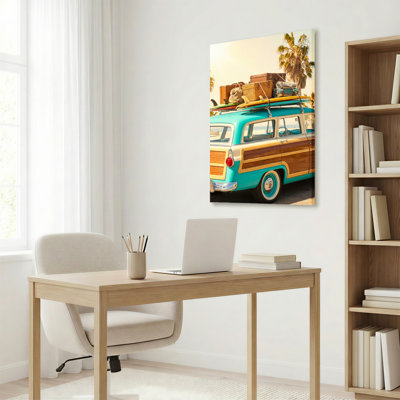 «Vintage Woodie Station Wagon» avec planche de surf et bagage sur toile tendue, ensemble de 1 reproduction d'art