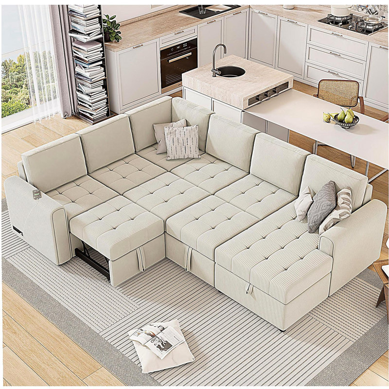 Ensemble de canapé de 107,5 po en forme de U, avec fauteuil de rangement, avec équipement de chargement, beige, Beige