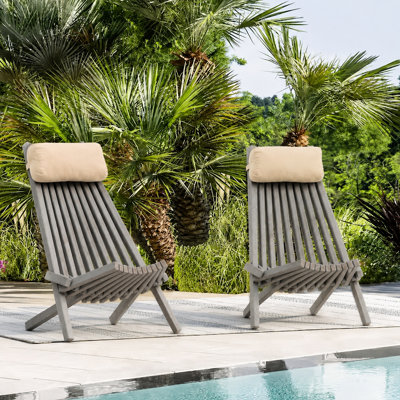 Fauteuil de jardin pliant Lashawn en bois d'acacia - Gris vieilli avec coussin cervical