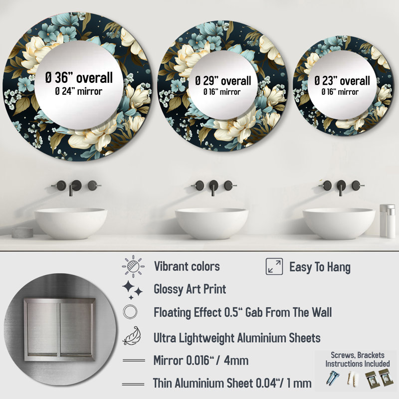 Rhenda Victorian Elegance - miroir décoratif floral, miroir mural rond blanc, impression d'art en métal, 29 po x 29 po