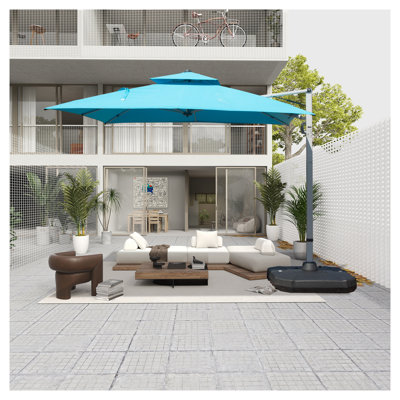 Parasol carré en porte-à-faux 10 'x 10' avec poteau central, bleu lac - Protection solaire UPF 50+ et ouverture hydraulique