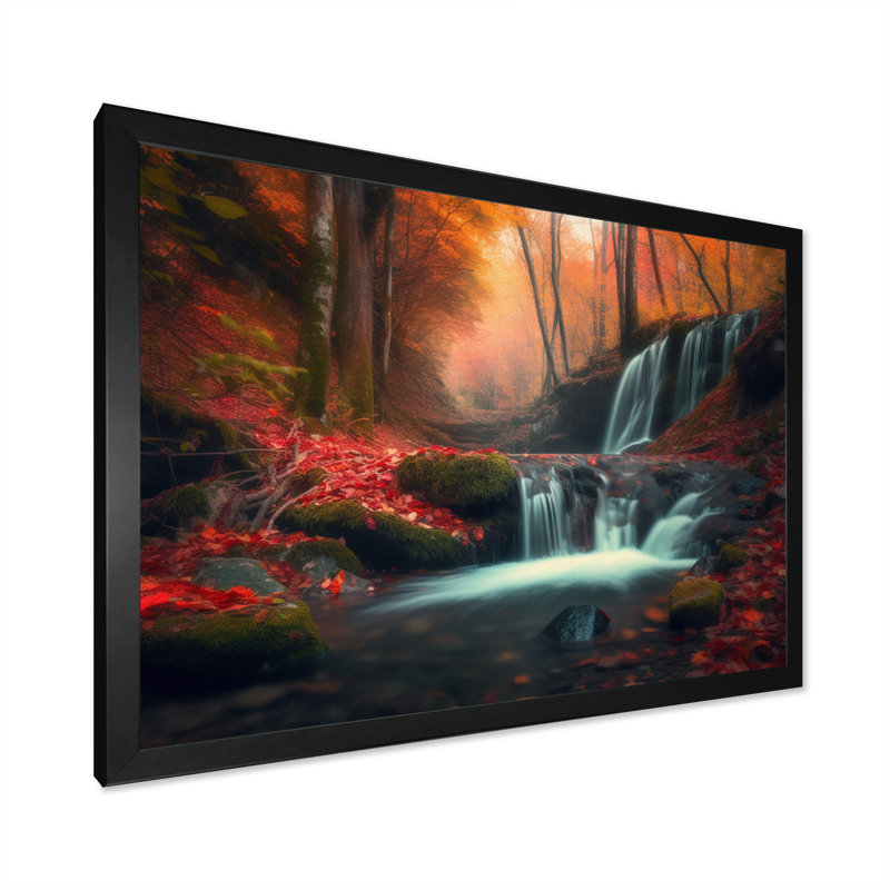 Waterfall In Fall Forest I " Waterfall In Fall Forest I ", Black Single Picture Framed, 34" H x 44" W x 1.5" D